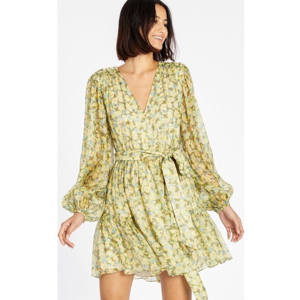 Tanya Taylor Vivi Belted Green Floral‎ Linen & Silk V-neck Mini Dress